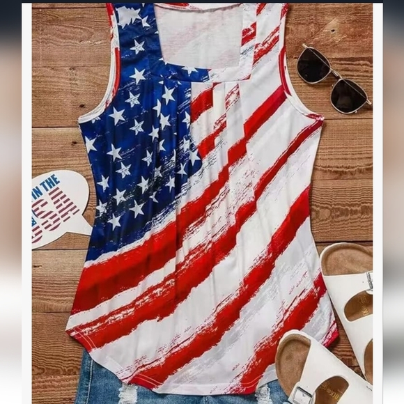 Tops - USA Tank Top | Stars and Stripes Pleated Square Neck Patriotic